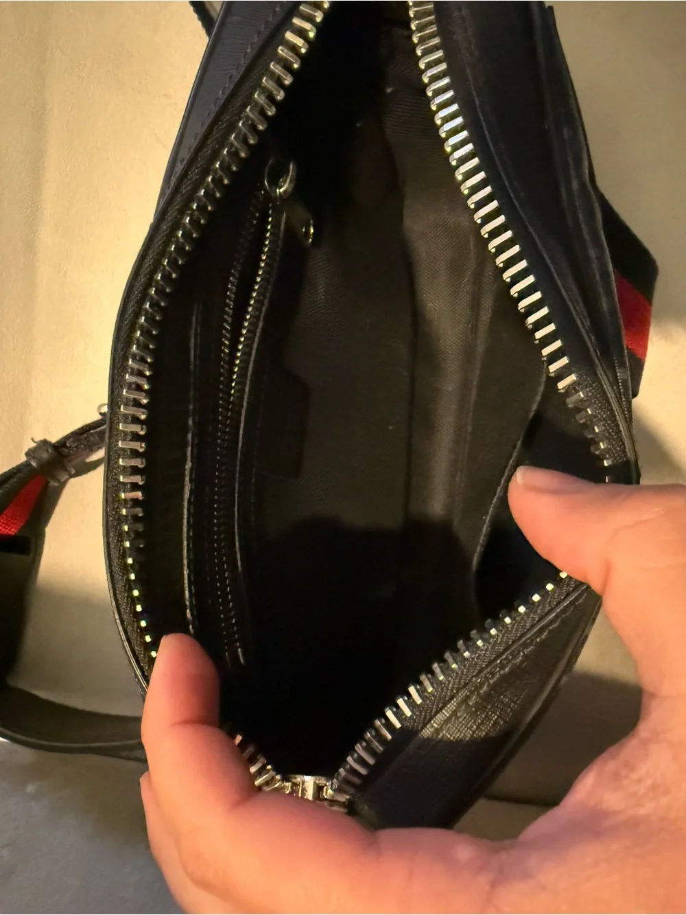 Gucci Black GG Supreme Belt Bag with Red & Blue Web Strap